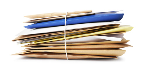 Stack of different paper envelopes isolated on white. Post office