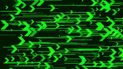 Seamless loop. Green neon glowing arrows motion. Direction banner. Futuristic light on black background.
