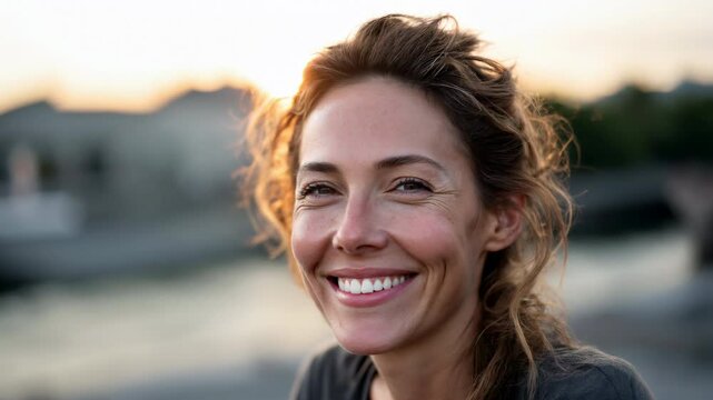 Portrait of a confident and natural-looking woman in her thirties with a calm smile and expressive eyes, shot outdoors in soft cinematic light at sunset, facing the camera &ndash; Generative AI