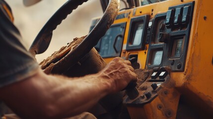 Heavy equipment operator maneuvering bulldozer controls. Featuring precision and skill