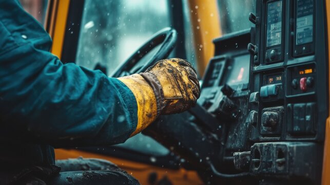 Heavy equipment operator maneuvering excavator levers. Featuring control and precision