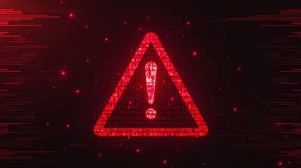 A virus alert warning displayed on a digital screen with red danger symbols and glitch effects, in a futuristic environment, no text