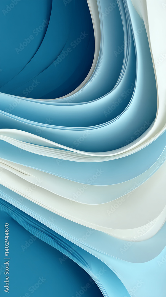 Poster abstract image of layered, curved paper in shades of blue and white, creating a flowing, dynamic des