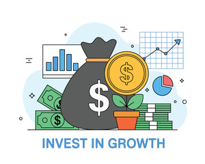 Financial Growth Illustration with Money Bag Plant in Coin Pot Stacks of Cash Bar Charts Dollar Coin Percentage Arrow Vector Icons Blue Green Colors Flat Design White Background