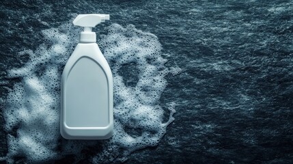 White spray bottle on a dark stone surface with bubbles, ideal for cleaning product advertising