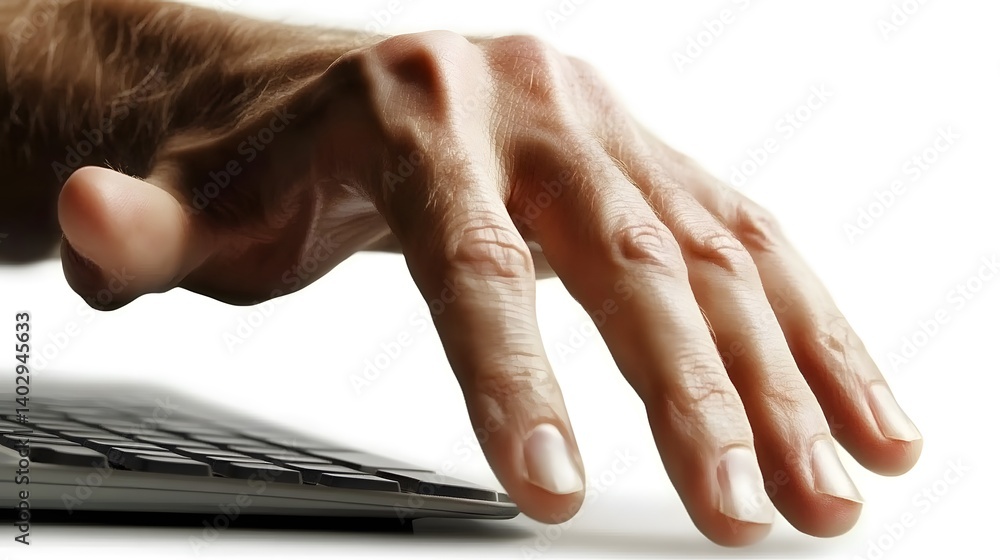Poster close-up of a man's hand hovering over a keyboard, suggesting typing, digital interaction, or online