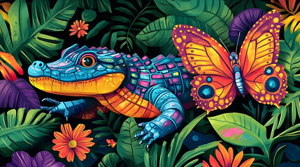 Obraz premium A vibrant illustration of a colorful alligator and butterfly amidst a lush tropical jungle.