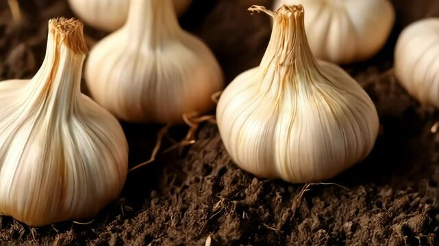 Close-up shot of several garlic bulbs on dark brown soil, concept for food photography, culinary blog, or recipe website