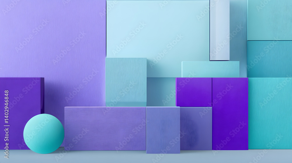 Poster collection of purple and turquoise 3d shapes form a wall. tech background with copy-space.