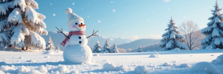 Frosty winter scene with a happy snowman standing alone in the open field, surrounded by snow-covered trees and a clear blue sky , snow covered trees, happy snowman, frosty atmosphere