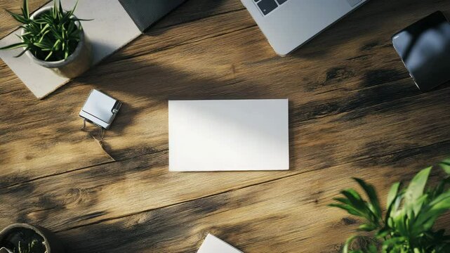 A minimalist workspace featuring a blank notepad on a wooden desk surrounded by plants and office supplies