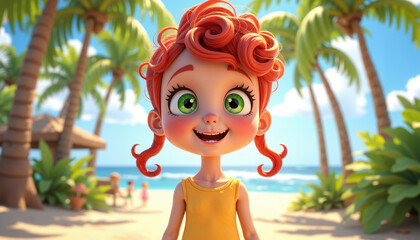 Cheerful little girl with curly red hair smiling on a sunny beach surrounded by palm trees