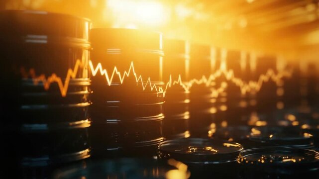 Energy market fluctuations are showcased through the depiction of barrels illuminated by a warm, industrial glow, illustrating the dynamics of supply and demand