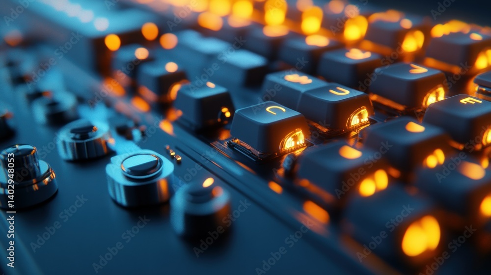 Aufkleber illuminated keys and dials of a control panel are in focus
