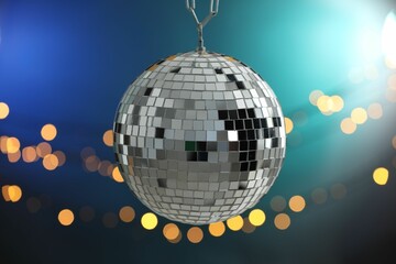 Shiny disco ball on color gradient background with blurred lights