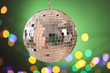 Shiny disco ball on color gradient background with blurred lights