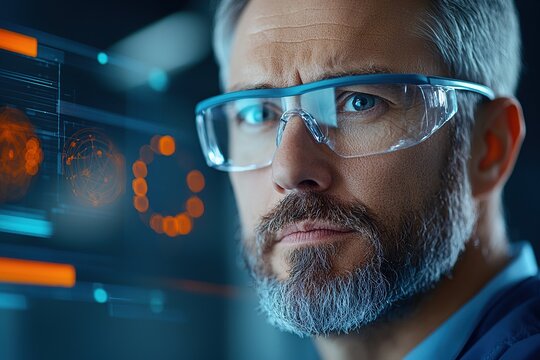 A focused man with gray hair and glasses gazes intently at digital data overlays, suggesting a high-tech or scientific environment.