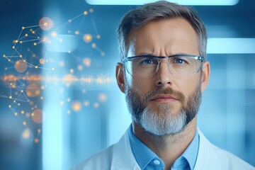 A focused scientist in a lab coat, wearing glasses, with a thoughtful expression, surrounded by digital data visuals representing innovation and research.