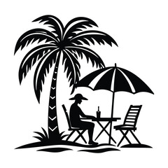 Obraz premium Silhouette of Relaxation Under Palm Tree with Umbrella and Drink
