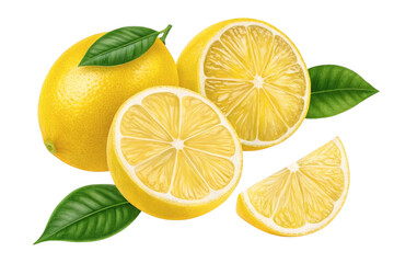 Photorealistic Vibrant Yellow Lemons with Fresh Green Leaves and Sliced Cross-Sections on White Background, High Contrast Food Photography