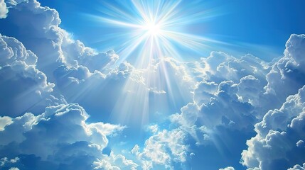 Heavenly Sky with Sunlight Rays Breaking Through Bright White Clouds