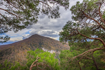 A mountain range with a cloudy sky and trees in the foreground