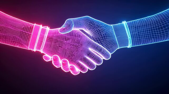 collaboration hands clasping virtually and representing technological digital neon, business partnership in modern Digital workspace video 4k