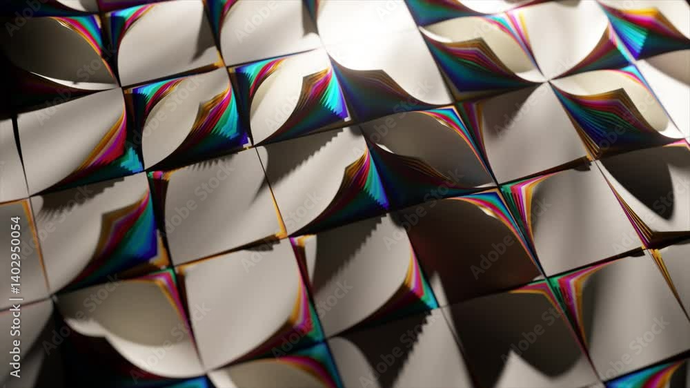 Poster complex geometric origami tiles with iridescent edges are transforming under a moving light source, 