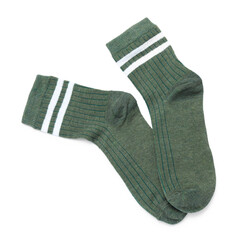 Pair of green socks isolated on white, top view
