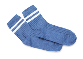 Pair of blue socks isolated on white, top view