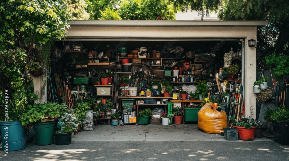 Poster a cluttered garage filled with plants and various stored items