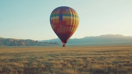 Obraz premium A colorful hot air balloon floats serenely above an open field