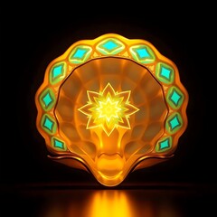 Illuminated seashell with vibrant mandala glowing teal gold on a dark background.