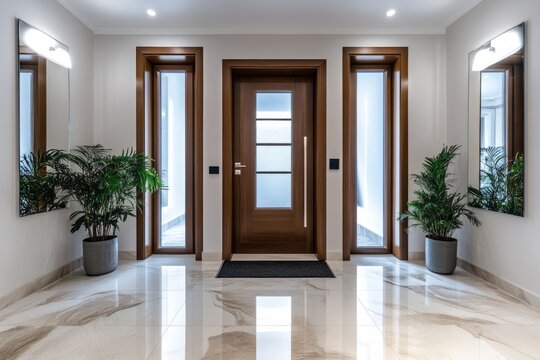 Elegant entrance hall features a central door flanked by sidelights