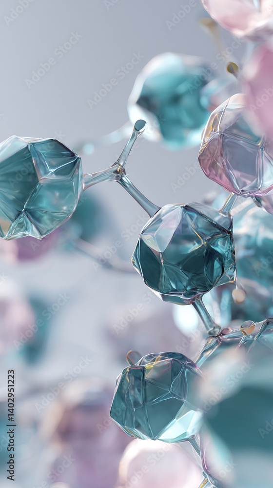 Poster Close-up of teal and pink crystal structures, interconnected, creating a complex, abstract image suggesting scientific or technological advancement, ideal for modern designs