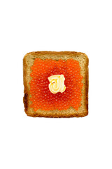 Fried toast with red caviar and a piece of butter view over the top flatley photo without background close-up