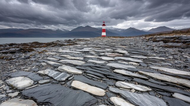A red and white lighthouse stands on a rocky shore, with a cloudy sky and mountains in the background. - Powered by Adobe