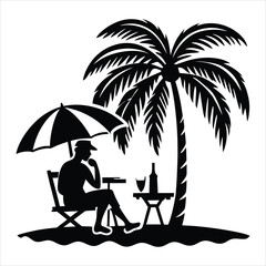 Silhouette of Relaxation Under Palm Tree with Umbrella and Drink