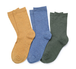 Many different pairs of socks isolated on white, top view