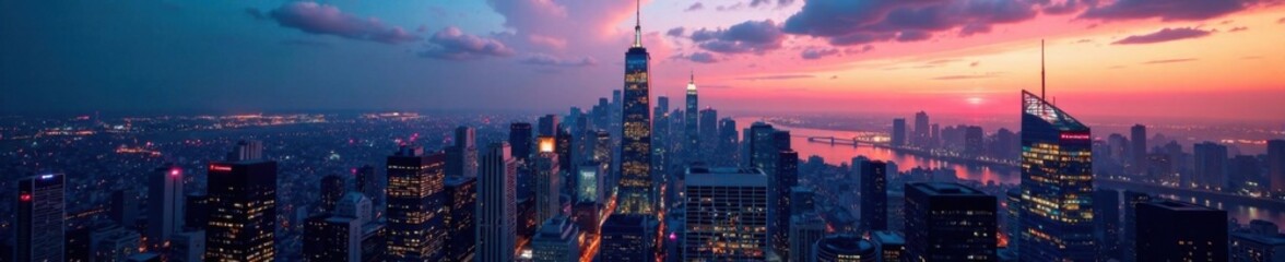 Obraz premium Cityscape at dusk with lights reflecting off skyscrapers, modern, illuminated, urban