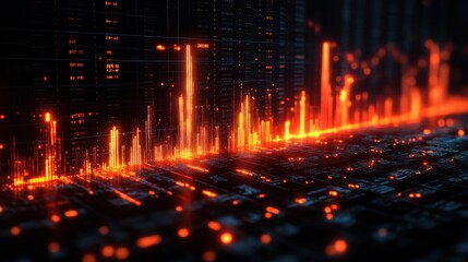 Abstract Digital Cityscape: Glowing Orange Data Streams