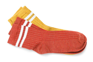 Pairs of stylish socks isolated on white, top view
