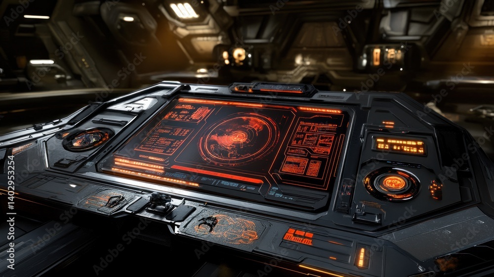 Poster futuristic spacecraft control panel displaying complex information