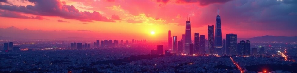 Fototapeta premium Colorful cityscape with towering skyscrapers at sunset, cityscape, sunset, architecture