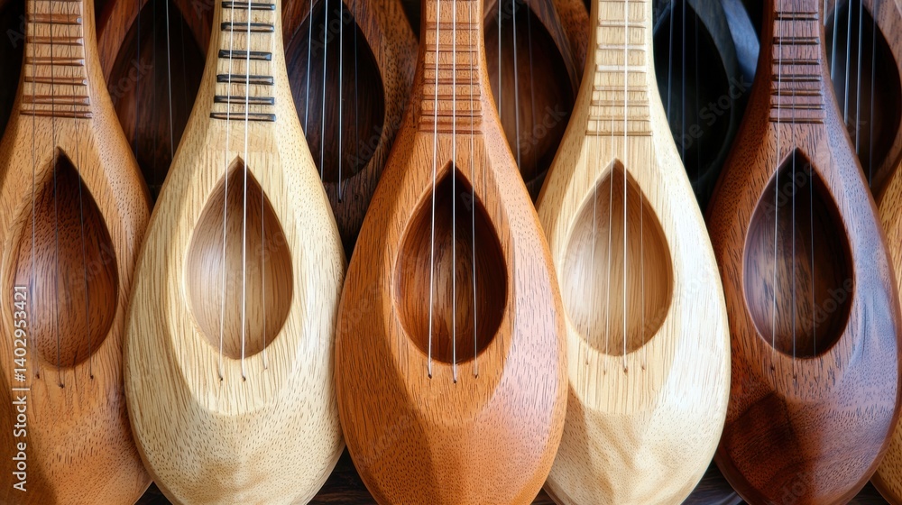 Poster a row of wooden stringed instruments.