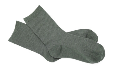Pair of green socks isolated on white, top view