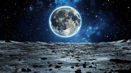 A large bright moon and the star filled night sky above a surface