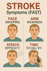 A visual guide outlines the symptoms of a stroke identified by the FAST acronym. The illustration features different facial expressions representing key signs to watch for in emergencies