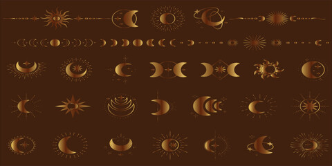 Celestial frame and divider. Decorative golden border. Sun and moon boho ornament. Mystic astrology stars dividers, elegant esoteric elements for text