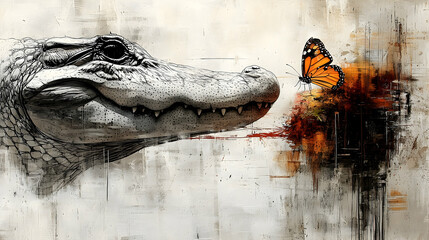 A majestic alligator and a delicate butterfly, a juxtaposition of power and fragility.